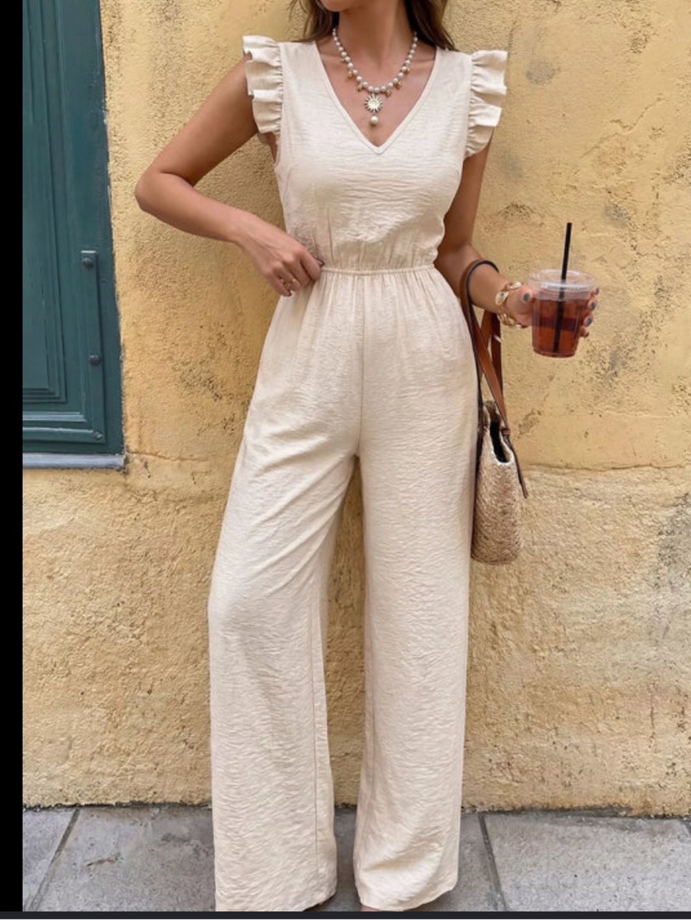 Linen blend Cream V‑Neck Elastic‑Waist Wide‑Leg Jumpsuit ruffled cap sleeve NWT